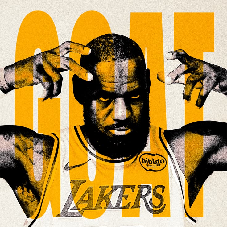 LeBron James in a Lakers jersey against a gold and purple graphic background.